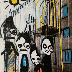 Four faces stand still 2024  20 by 16in Tissue paper,, acrylic, paint on canvas