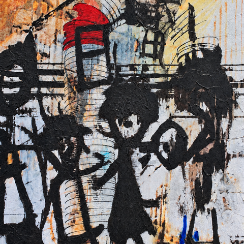 Factories Burning,  2023 16 by 20  inch Tissue paper,, acrylic, paint on canvas