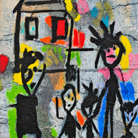 This House 2023 16 by 20  inch Tissue paper,, acrylic, paint on canvas