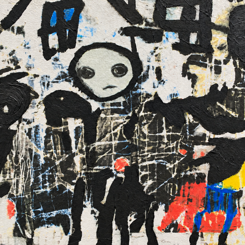 A Family  Portrait 2023 20 by 16 inch Tissue paper,, acrylic, paint on canvas
