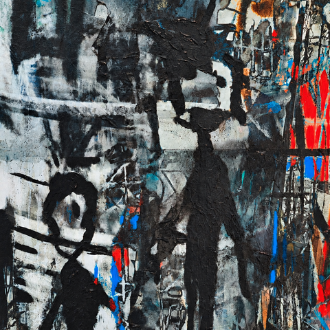 All at Once  2023 20 by 16in Tissue paper,, acrylic, paint on canvas