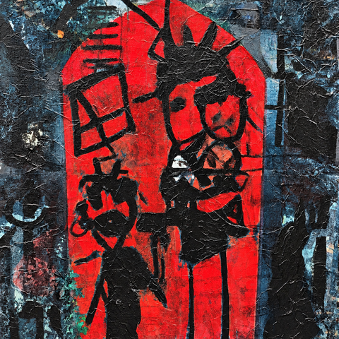 Red Door 2023 16 by 20  inch Tissue paper,, acrylic, paint on canvas