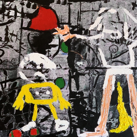 Red Helmet  2023 20 by 16in Tissue paper,, acrylic, paint on canvas